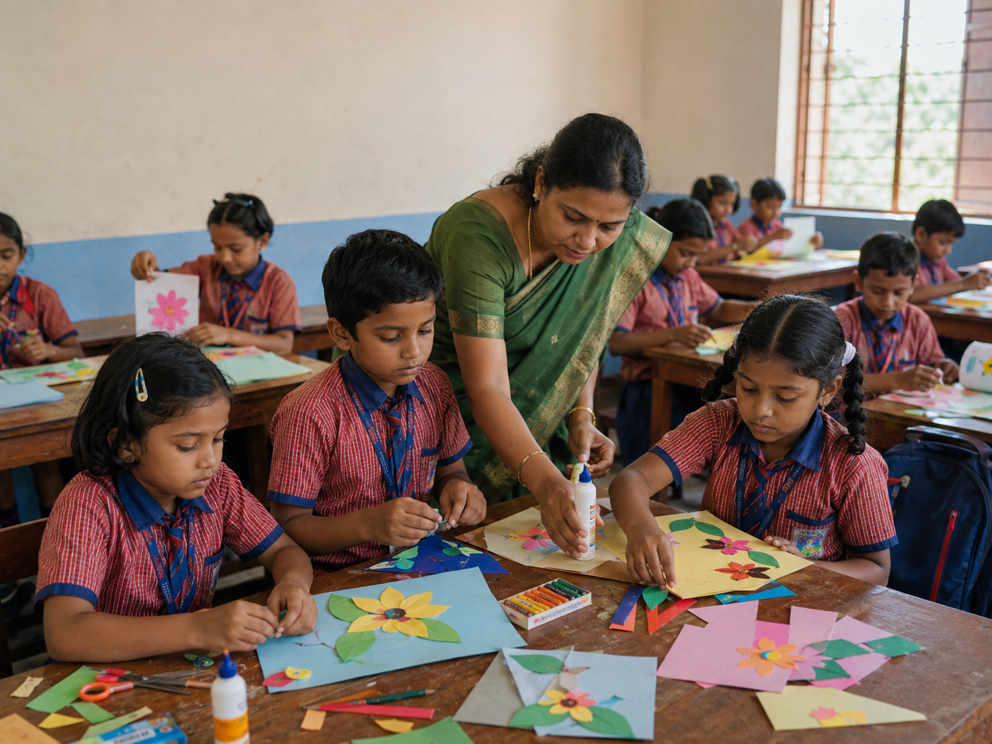 Students with their artwork in a classroom at VISION Z ACADEMY